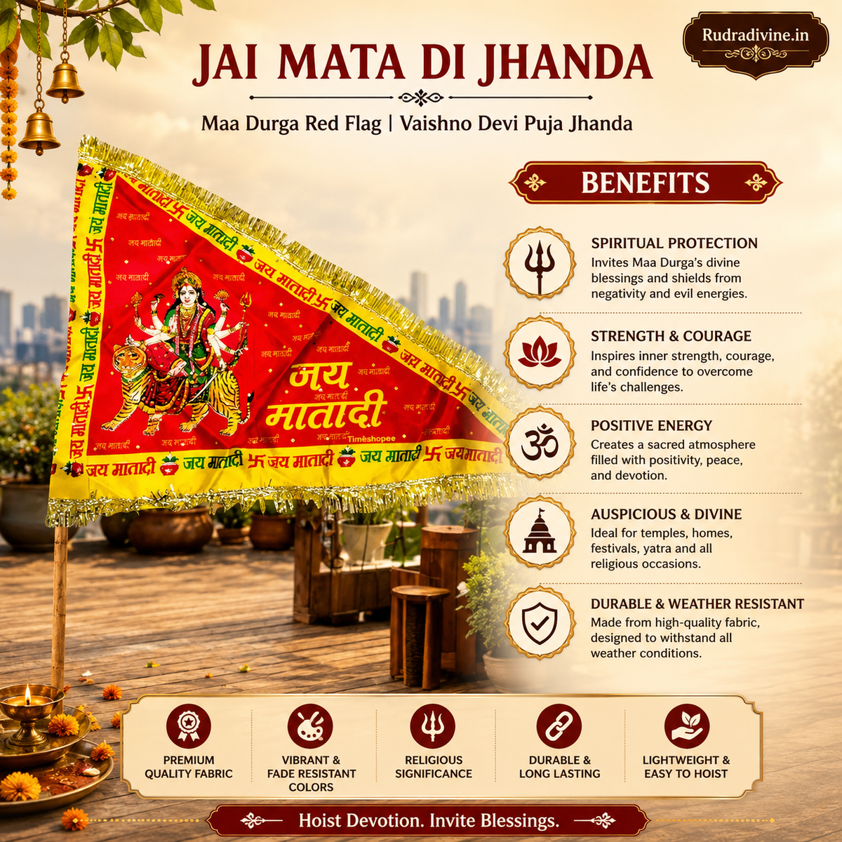 Jai Mata Di Jhanda featuring Maa Durga Red Flag devotional design by Rudradivine, suitable for Vaishno Devi puja, home temple, mandir, religious events, festivals, and devotional decoration.
