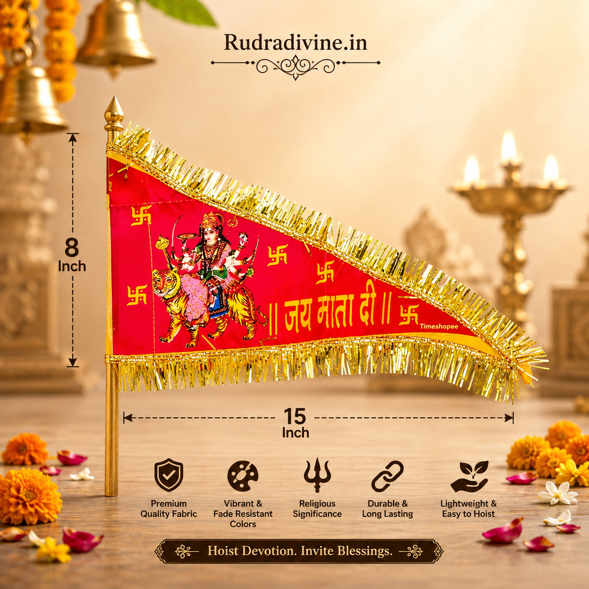 Jai Mata Di Jhanda featuring Maa Durga Red Flag devotional design by Rudradivine, suitable for Vaishno Devi puja, home temple, mandir, religious events, festivals, and devotional decoration.