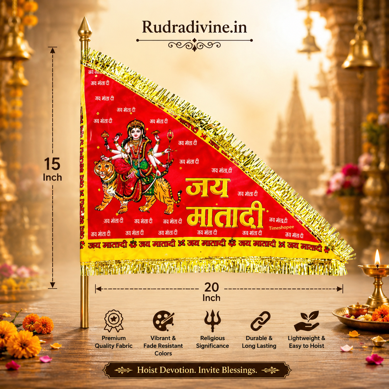 Jai Mata Di Jhanda featuring Maa Durga Red Flag devotional design by Rudradivine, suitable for Vaishno Devi puja, home temple, mandir, religious events, festivals, and devotional decoration.
