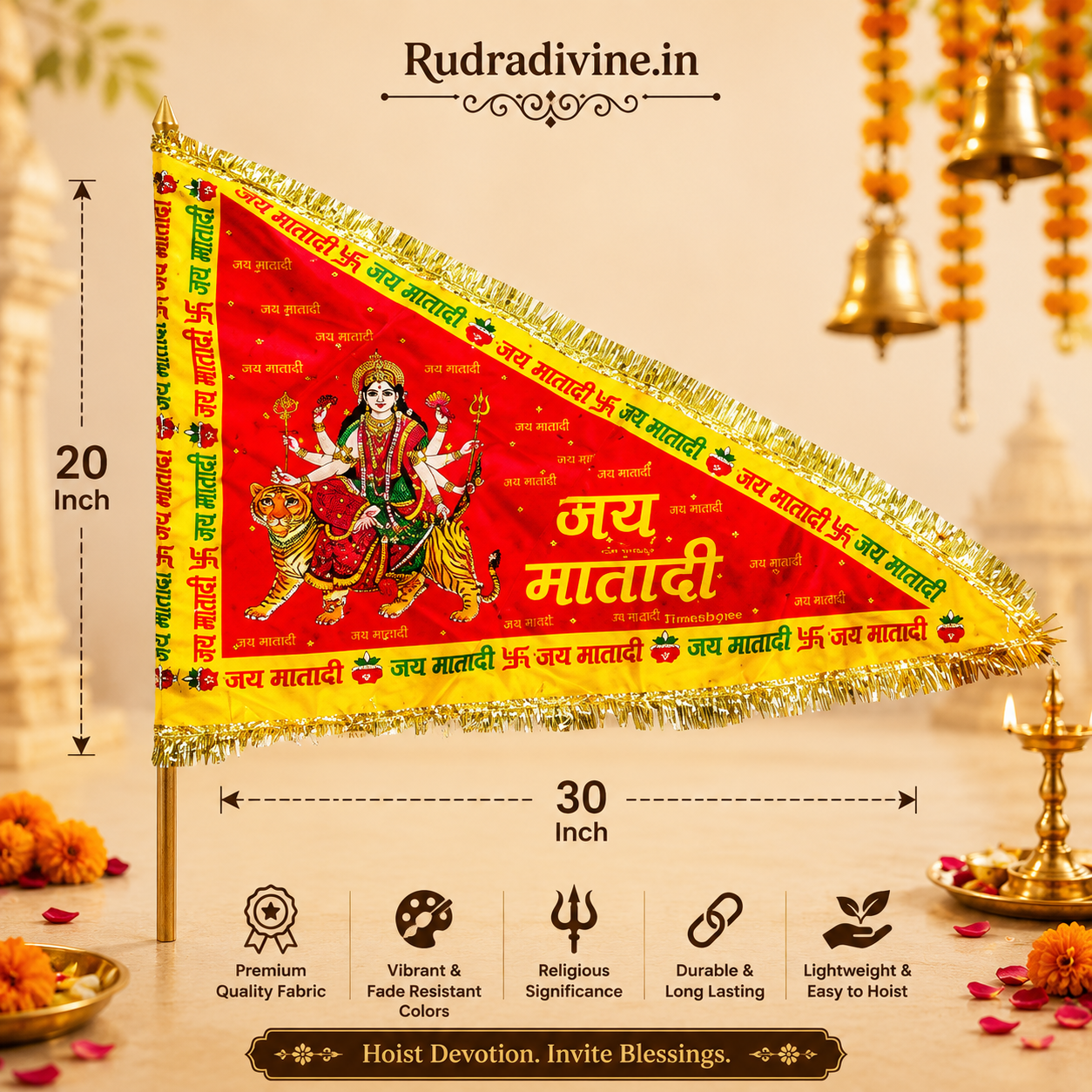 Jai Mata Di Jhanda featuring Maa Durga Red Flag devotional design by Rudradivine, suitable for Vaishno Devi puja, home temple, mandir, religious events, festivals, and devotional decoration.