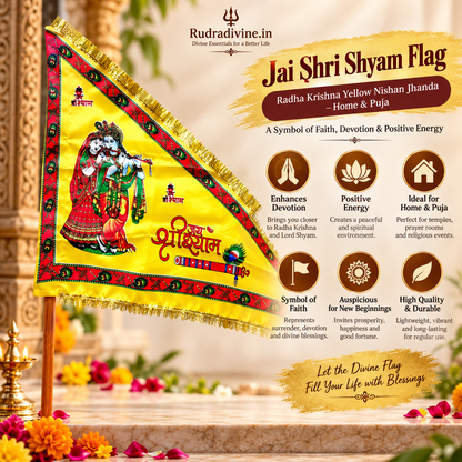 Jai Shri Shyam Flag with Radha Krishna yellow Nishan Jhanda design by Rudradivine, ideal for home temples, puja, devotional decor and spiritual celebrations.