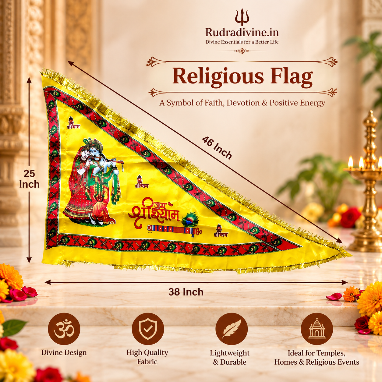 Jai Shri Shyam Flag with Radha Krishna yellow Nishan Jhanda design by Rudradivine, ideal for home temples, puja, devotional decor and spiritual celebrations.