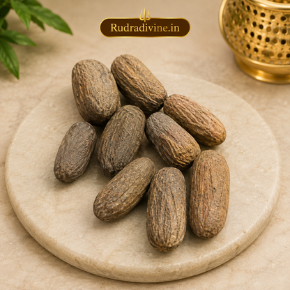 Jaiphal Purvi Sabut Jaiphal whole nutmeg for Puja, Hindu rituals, devotional offerings, and traditional spiritual practices by Rudradivine, premium quality.