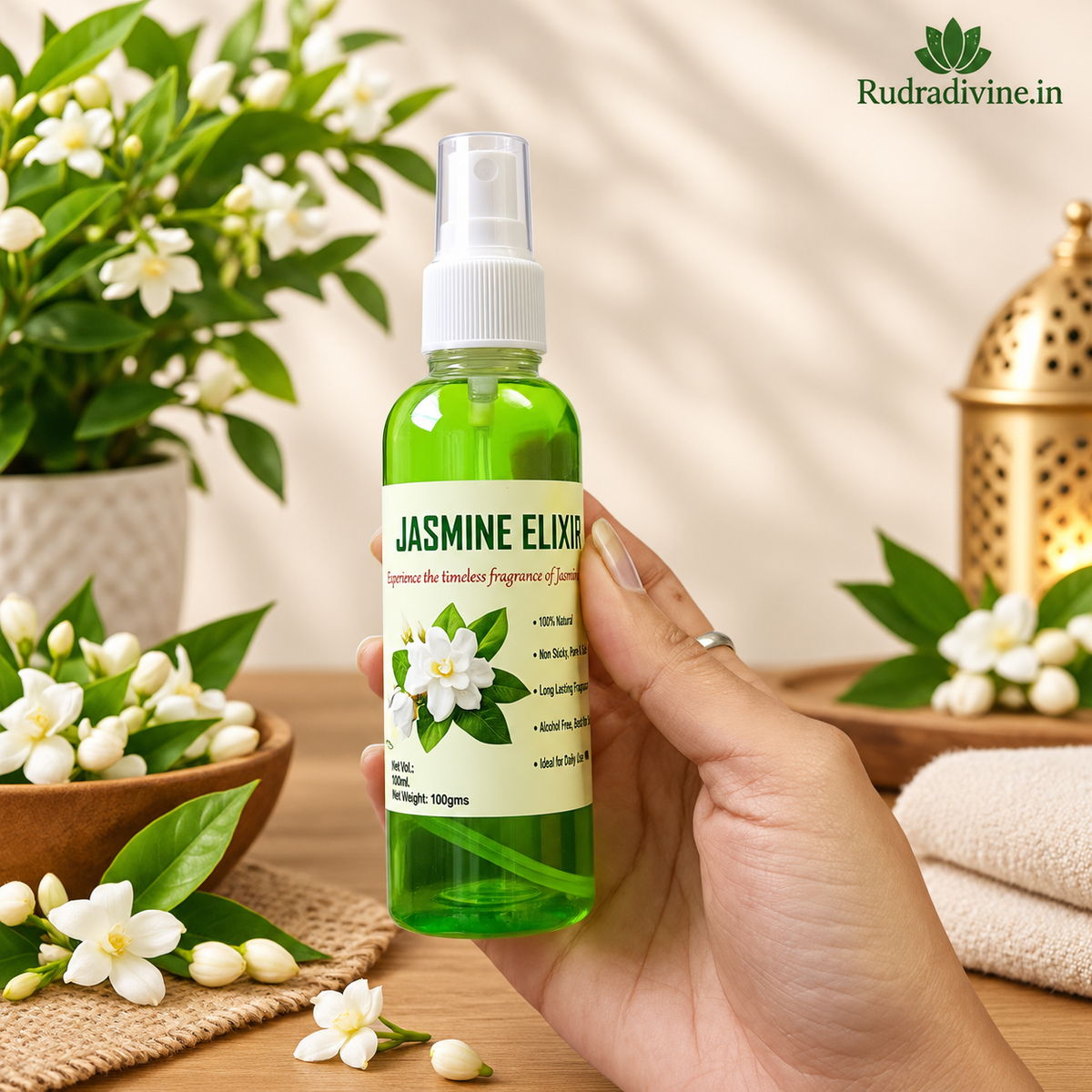 Jasmine Elixir Spray Attar 100ml with pure floral aroma by Rudradivine, alcohol-free long-lasting spray attar for puja, meditation, prayer, home use & daily fragrance.