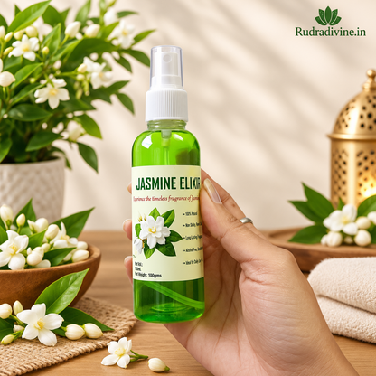 Jasmine Elixir Spray Attar 100ml with pure floral aroma by Rudradivine, alcohol-free long-lasting spray attar for puja, meditation, prayer, home use & daily fragrance.