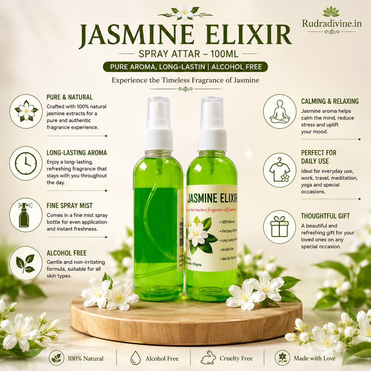 Jasmine Elixir Spray Attar 100ml with pure jasmine floral aroma, long-lasting fragrance, alcohol-free formula and convenient spray bottle by Rudradivine.
