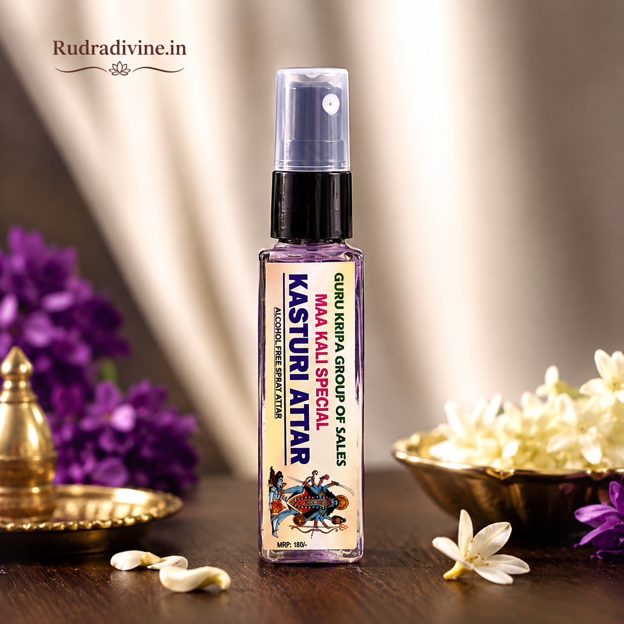 Kasturi Attar Maa Kali Special Spray 25ml with alcohol-free long-lasting traditional fragrance by Rudradivine, suitable for puja, meditation, spiritual spaces & gifting.