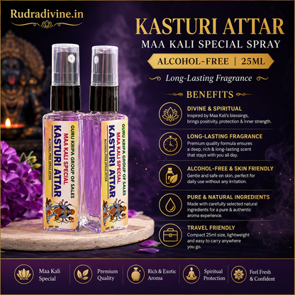Kasturi Attar Maa Kali Special Spray 25ml with alcohol-free long-lasting traditional fragrance by Rudradivine, suitable for puja, meditation, spiritual spaces & gifting.
