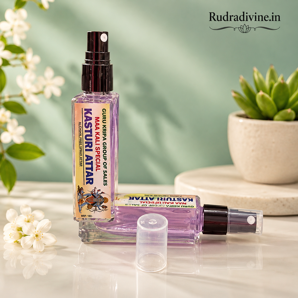 Kasturi Attar Maa Kali Special Spray 25ml with alcohol-free long-lasting traditional fragrance by Rudradivine, suitable for puja, meditation, spiritual spaces & gifting.