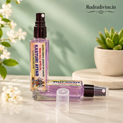 Kasturi Attar Maa Kali Special Spray 25ml with alcohol-free long-lasting traditional fragrance by Rudradivine, suitable for puja, meditation, spiritual spaces & gifting.