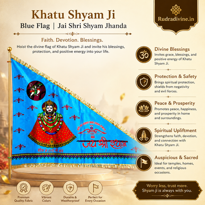 Khatu Shyam Ji Blue Flag with Jai Shri Shyam devotional design by Rudradivine, suitable for home mandir, temples, religious gatherings and Shyam bhakti.