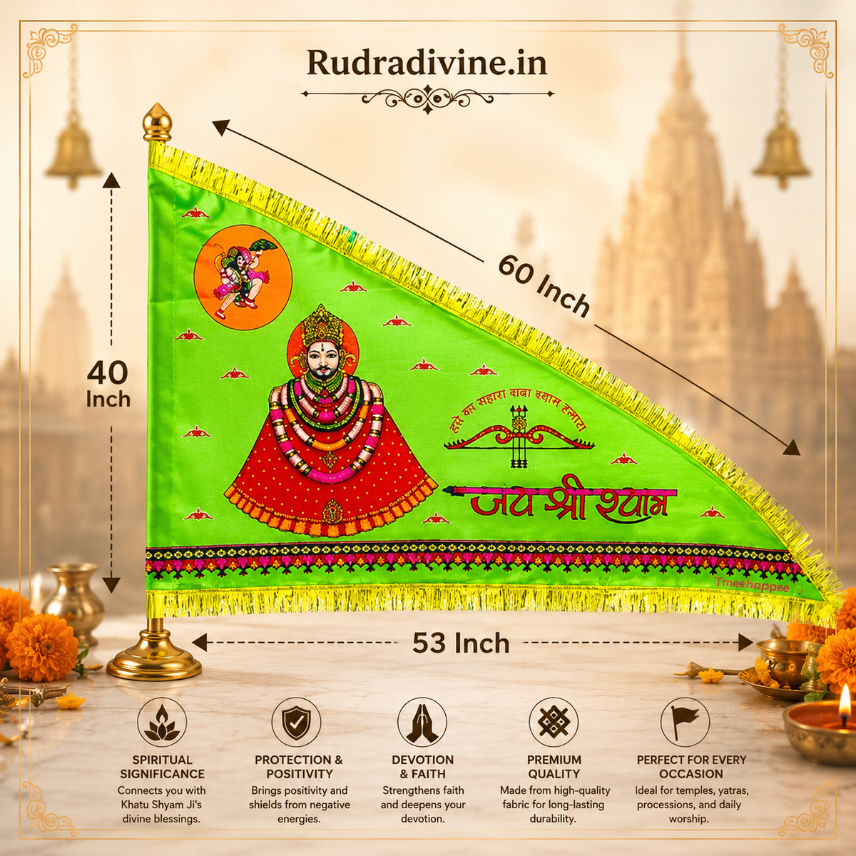 Khatu Shyam Ji Green Flag featuring Jai Shri Shyam devotional design by Rudradivine, suitable for temple, home mandir, puja, religious events, festivals, and devotional decoration.