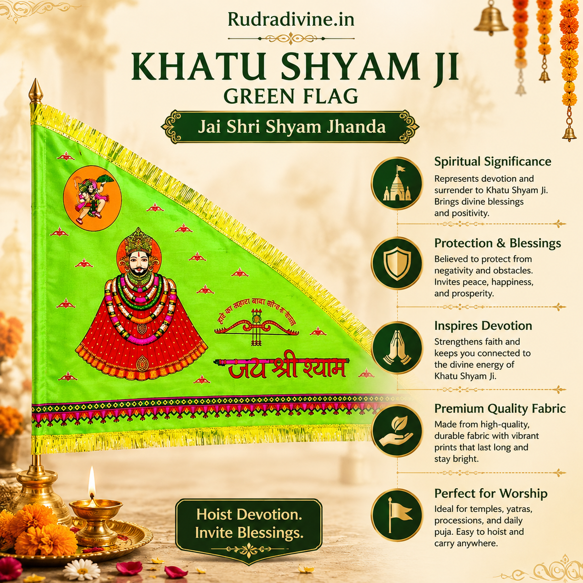 Khatu Shyam Ji Green Flag featuring Jai Shri Shyam devotional design by Rudradivine, suitable for temple, home mandir, puja, religious events, festivals, and devotional decoration.