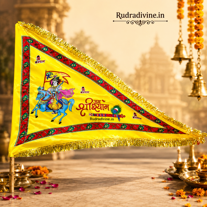 Khatu Shyam Ji Nisan Triangle Flag featuring Baba Shyam devotional design by Rudradivine, suitable for temple, home mandir, puja, religious events, festivals, and devotional decoration.