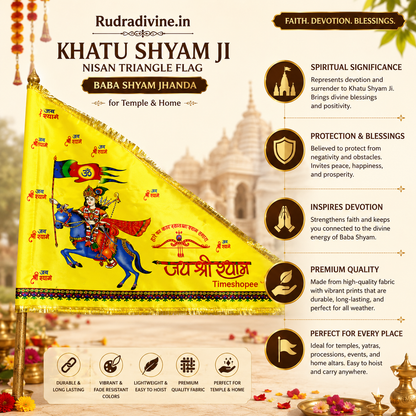 Khatu Shyam Ji Nisan Triangle Flag featuring Baba Shyam devotional design by Rudradivine, suitable for temple, home mandir, puja, religious events, festivals, and devotional decoration.