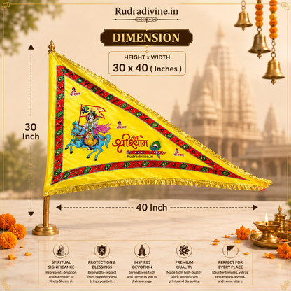Khatu Shyam Ji Nisan Triangle Flag featuring Baba Shyam devotional design by Rudradivine, suitable for temple, home mandir, puja, religious events, festivals, and devotional decoration.