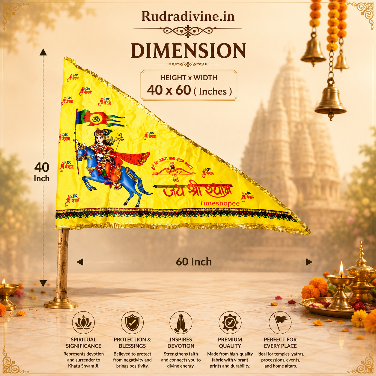 Khatu Shyam Ji Nisan Triangle Flag featuring Baba Shyam devotional design by Rudradivine, suitable for temple, home mandir, puja, religious events, festivals, and devotional decoration.