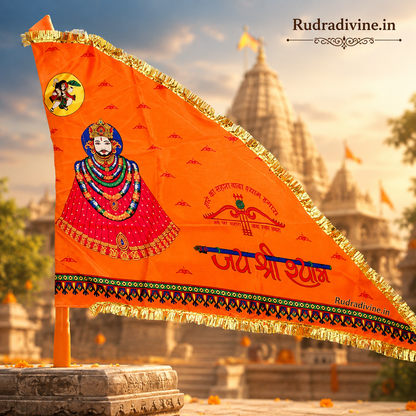 Khatu Shyam Ji Orange Flag with Jai Shri Shyam devotional design by Rudradivine, suitable for home temple, puja, mandir decoration, religious events, and festive devotional display.