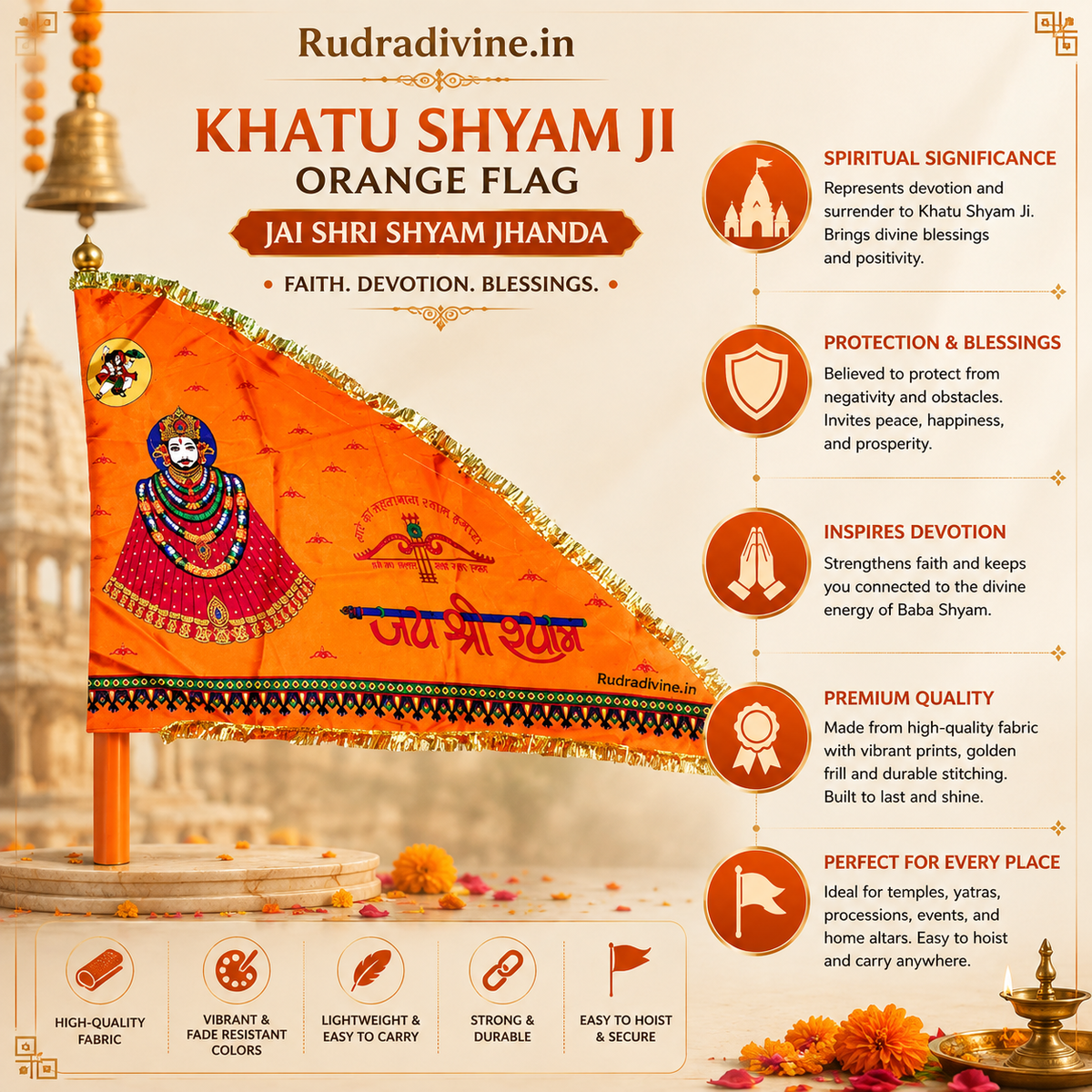 Khatu Shyam Ji Orange Flag with Jai Shri Shyam devotional design by Rudradivine, suitable for home temple, puja, mandir decoration, religious events, and festive devotional display.