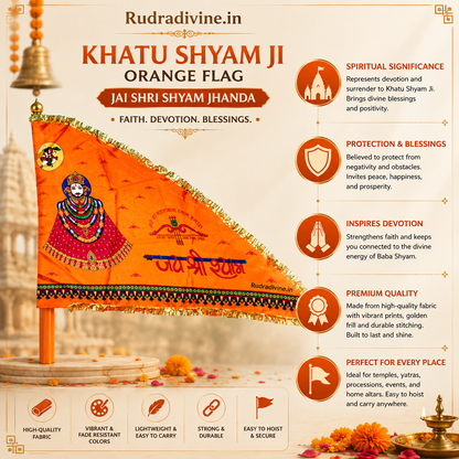 Khatu Shyam Ji Orange Flag with Jai Shri Shyam devotional design by Rudradivine, suitable for home temple, puja, mandir decoration, religious events, and festive devotional display.