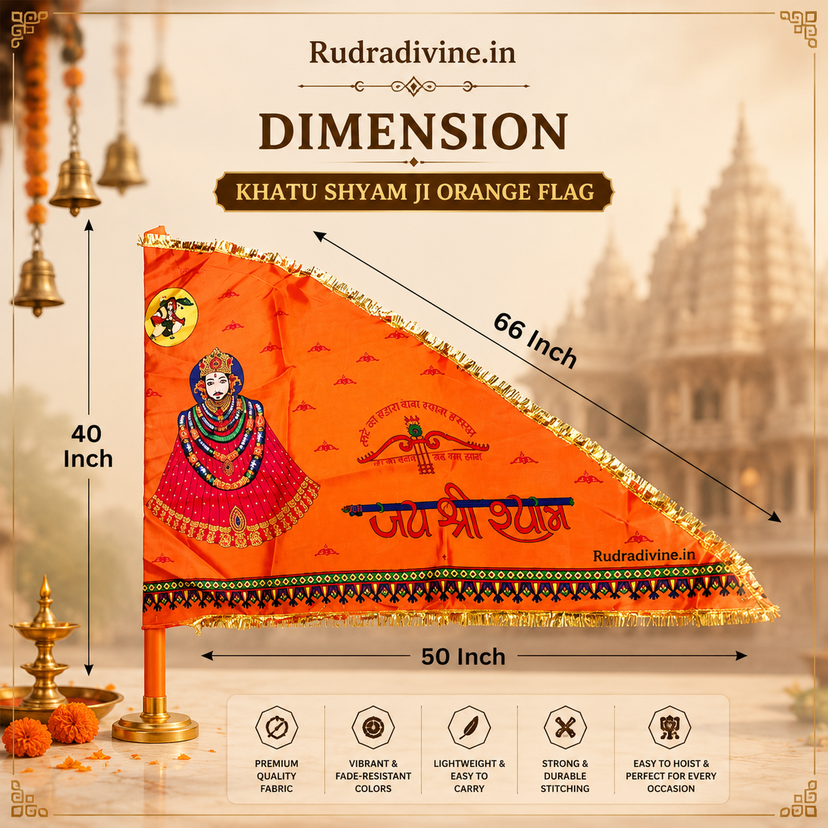 Khatu Shyam Ji Orange Flag with Jai Shri Shyam devotional design by Rudradivine, suitable for home temple, puja, mandir decoration, religious events, and festive devotional display.