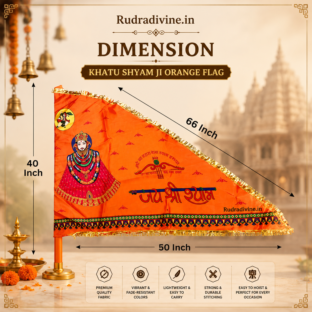 Khatu Shyam Ji Orange Flag with Jai Shri Shyam devotional design by Rudradivine, suitable for home temple, puja, mandir decoration, religious events, and festive devotional display.
