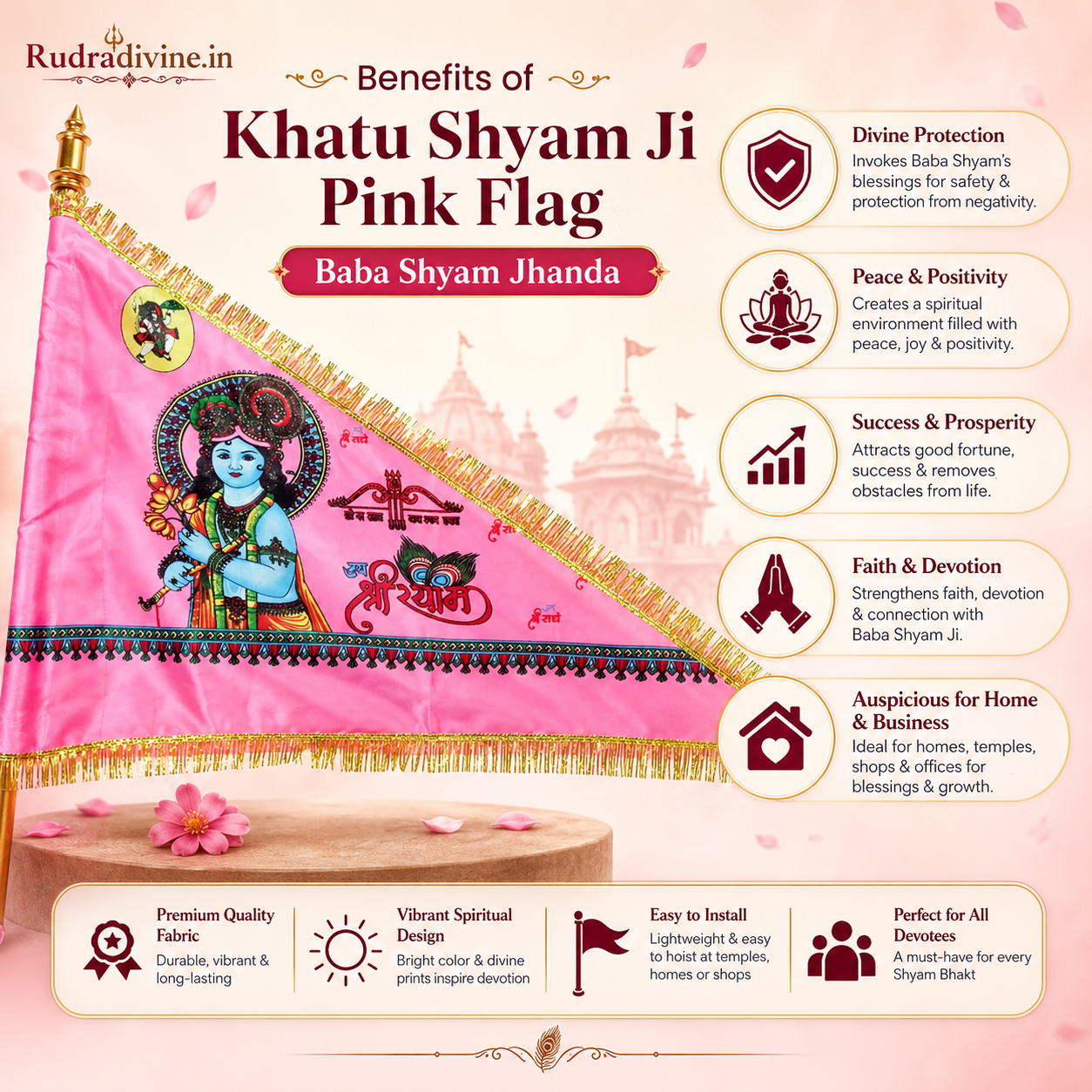 Khatu Shyam Ji Pink Flag featuring Baba Shyam Ji devotional design by Rudradivine, suitable for puja, temple decoration, home decor, festivals and spiritual display.