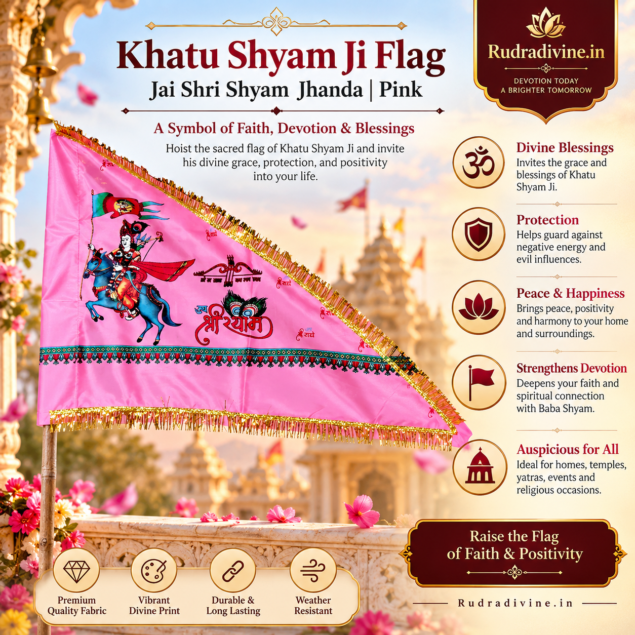 Khatu Shyam Ji Pink Flag featuring Jai Shri Shyam Baba devotional design by Rudradivine, suitable for puja, temple decoration, home decor, festivals and spiritual display.