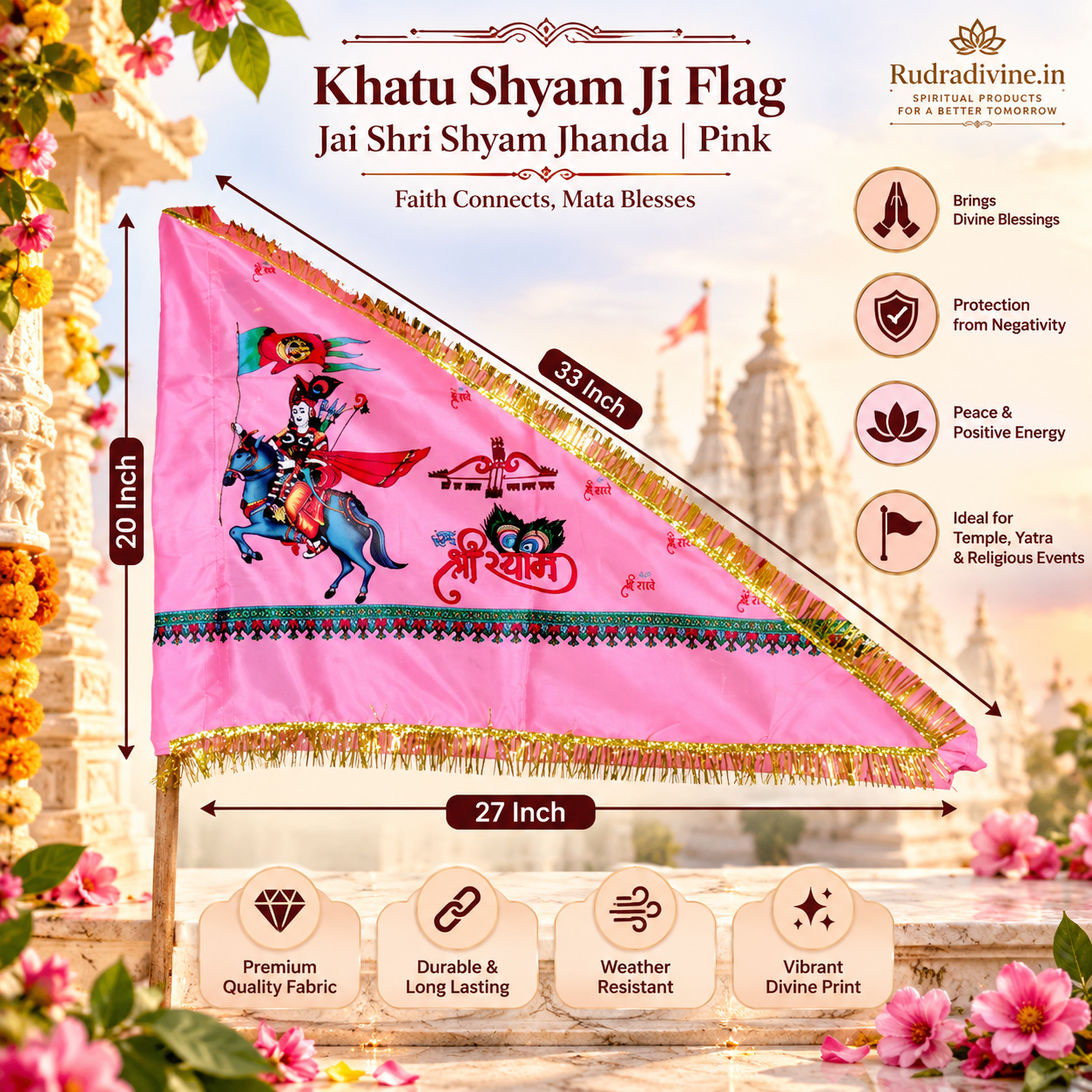 Khatu Shyam Ji Pink Flag featuring Jai Shri Shyam Baba devotional design by Rudradivine, suitable for puja, temple decoration, home decor, festivals and spiritual display.