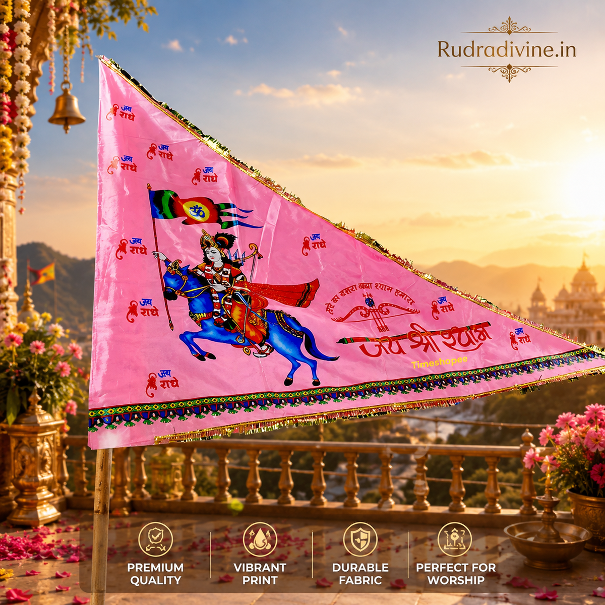 Khatu Shyam Ji Pink Flag with Baba Shyam devotional design for puja, home temple, mandir, religious festivals and spiritual decoration by Rudradivine.