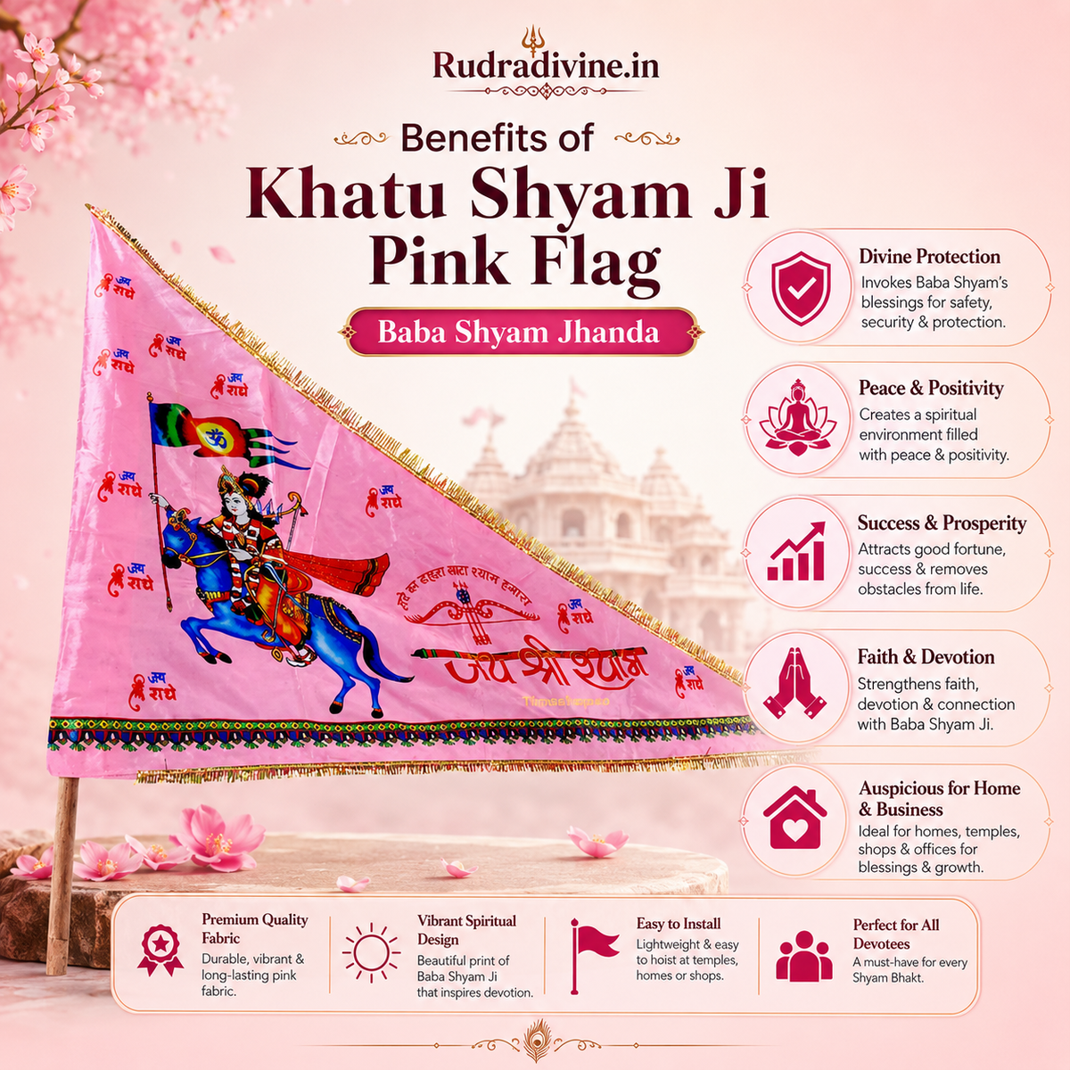 Khatu Shyam Ji Pink Flag with Baba Shyam devotional design for puja, home temple, mandir, religious festivals and spiritual decoration by Rudradivine.