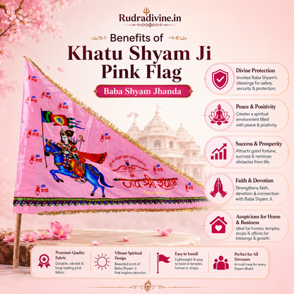 Khatu Shyam Ji Pink Flag with Baba Shyam devotional design for puja, home temple, mandir, religious festivals and spiritual decoration by Rudradivine.