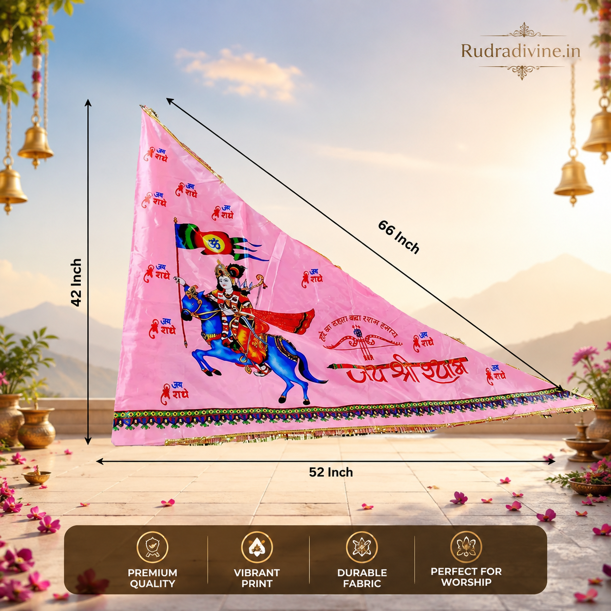 Khatu Shyam Ji Pink Flag with Baba Shyam devotional design for puja, home temple, mandir, religious festivals and spiritual decoration by Rudradivine.