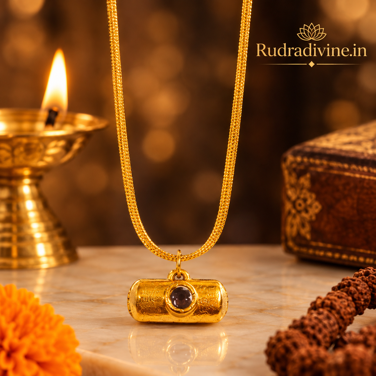 Kuber Kawach Locket with elegant gold plated chain by Rudradivine, featuring traditional spiritual symbolism for protection, prosperity and devotional wear.