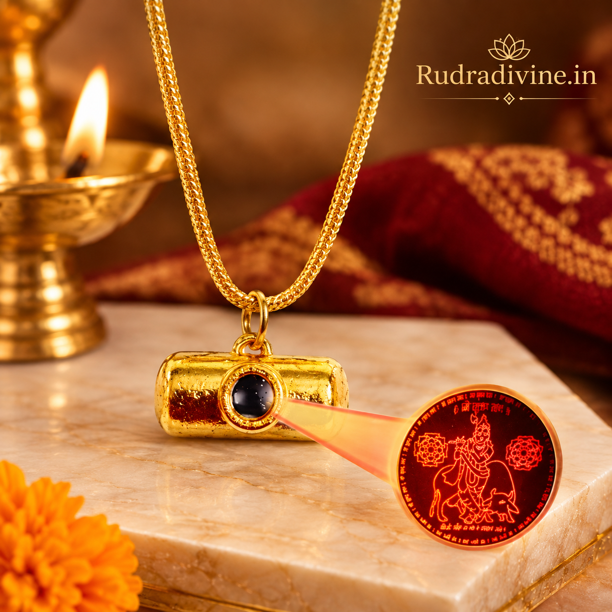 Kuber Kawach Locket with elegant gold plated chain by Rudradivine, featuring traditional spiritual symbolism for protection, prosperity and devotional wear.
