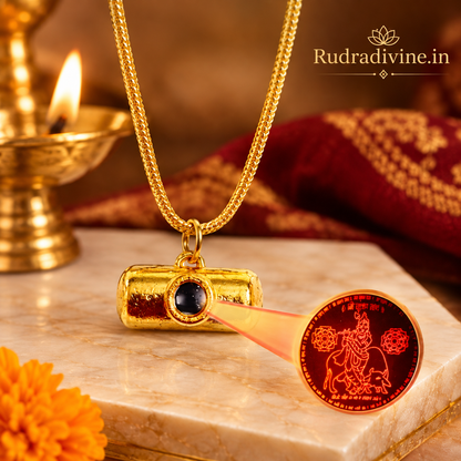 Kuber Kawach Locket with elegant gold plated chain by Rudradivine, featuring traditional spiritual symbolism for protection, prosperity and devotional wear.