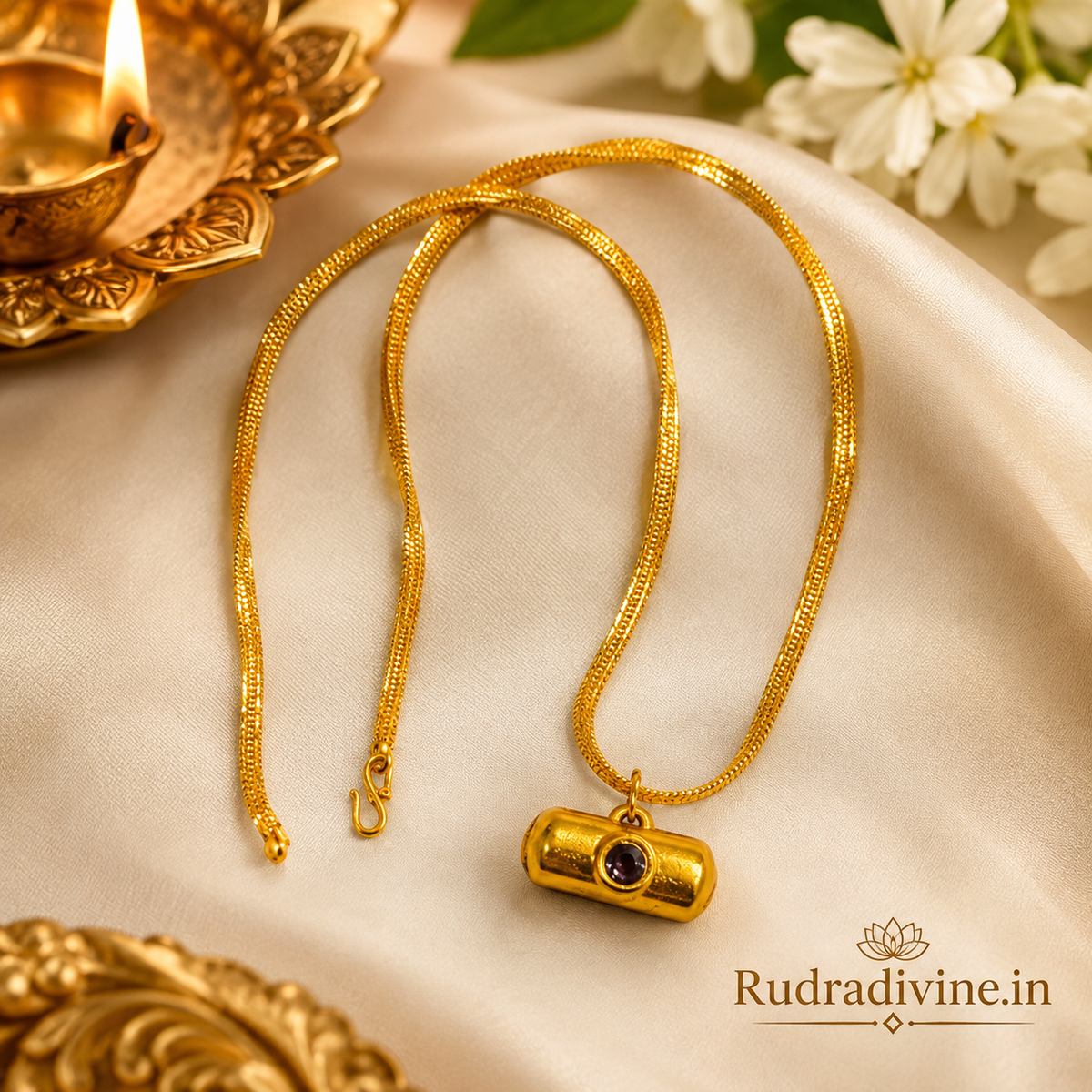 Kuber Kawach Locket with elegant gold plated chain by Rudradivine, featuring traditional spiritual symbolism for protection, prosperity and devotional wear.