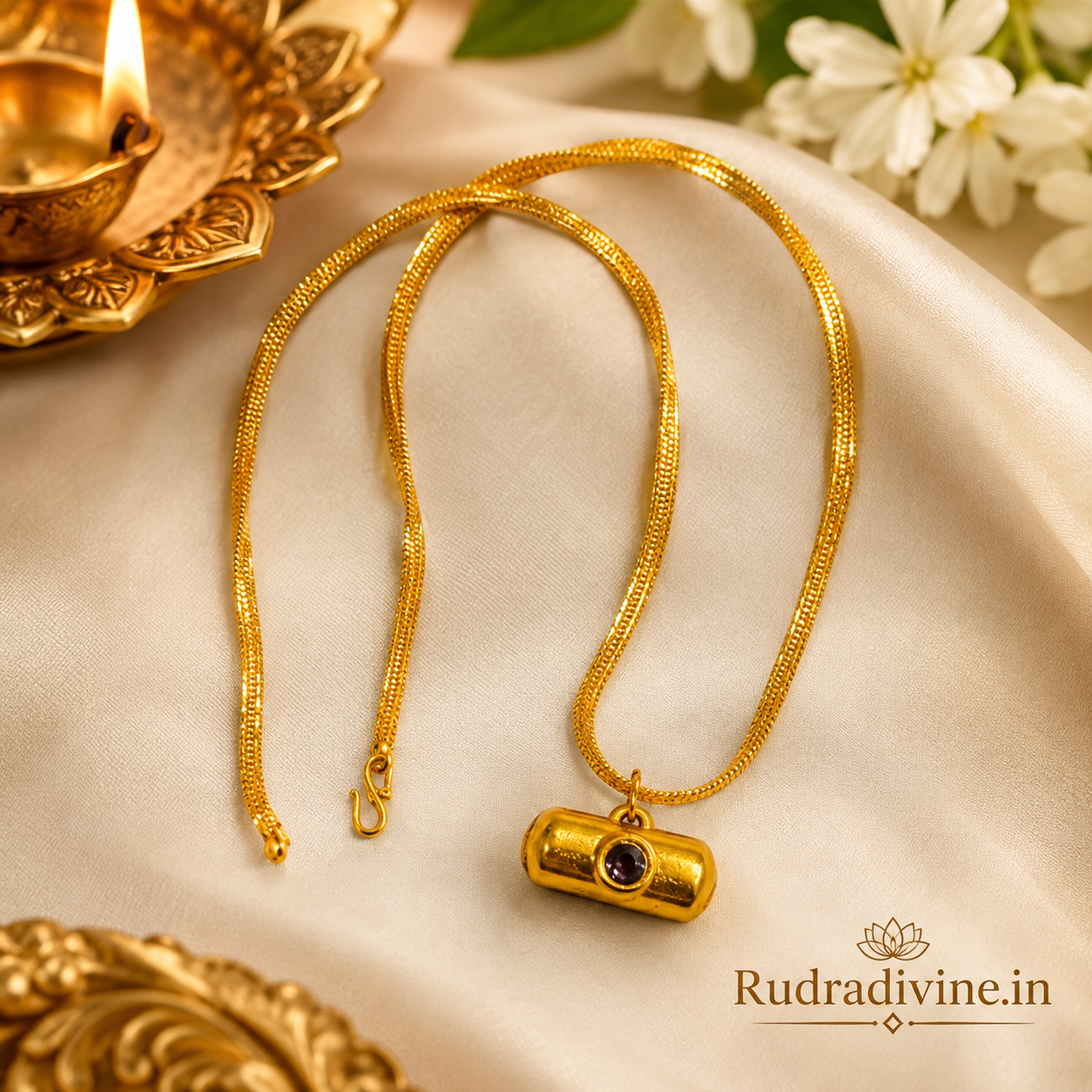 Kuber Kawach Locket with elegant gold plated chain by Rudradivine, featuring traditional spiritual symbolism for protection, prosperity and devotional wear.