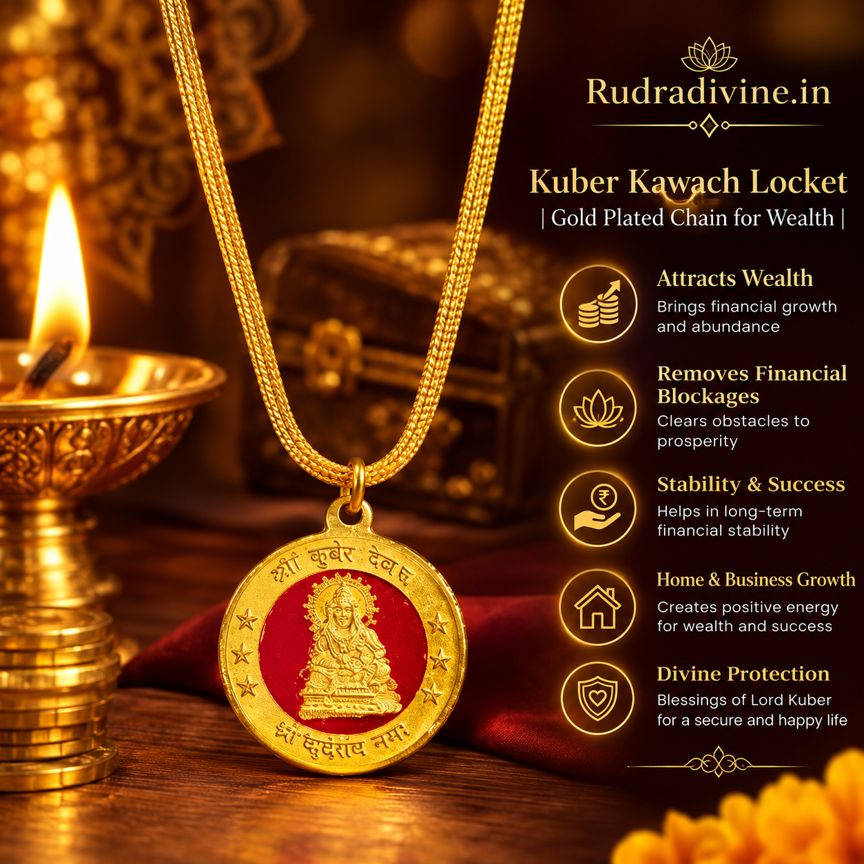 Kuber Kawach Locket with Gold Plated Chain by Rudradivine, traditionally associated with wealth, prosperity, abundance and spiritual protection.