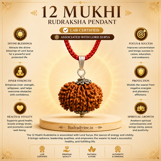 Original 12 Mukhi Rudraksha Twelve Face Pendant associated with Lord Surya, lab certified natural Rudraksha by Rudradivine for confidence, spiritual growth, meditation, and daily wear.