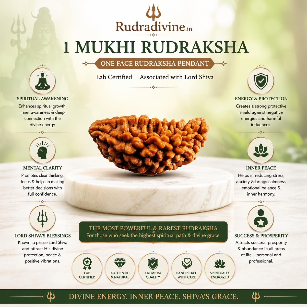1 Mukhi (One Face) Rudraksha Pendant featuring a natural Rudraksha bead, associated with Lord Shiva, with an official Lab Certificate by Rudradivine for spiritual devotion, meditation, and daily wear.
