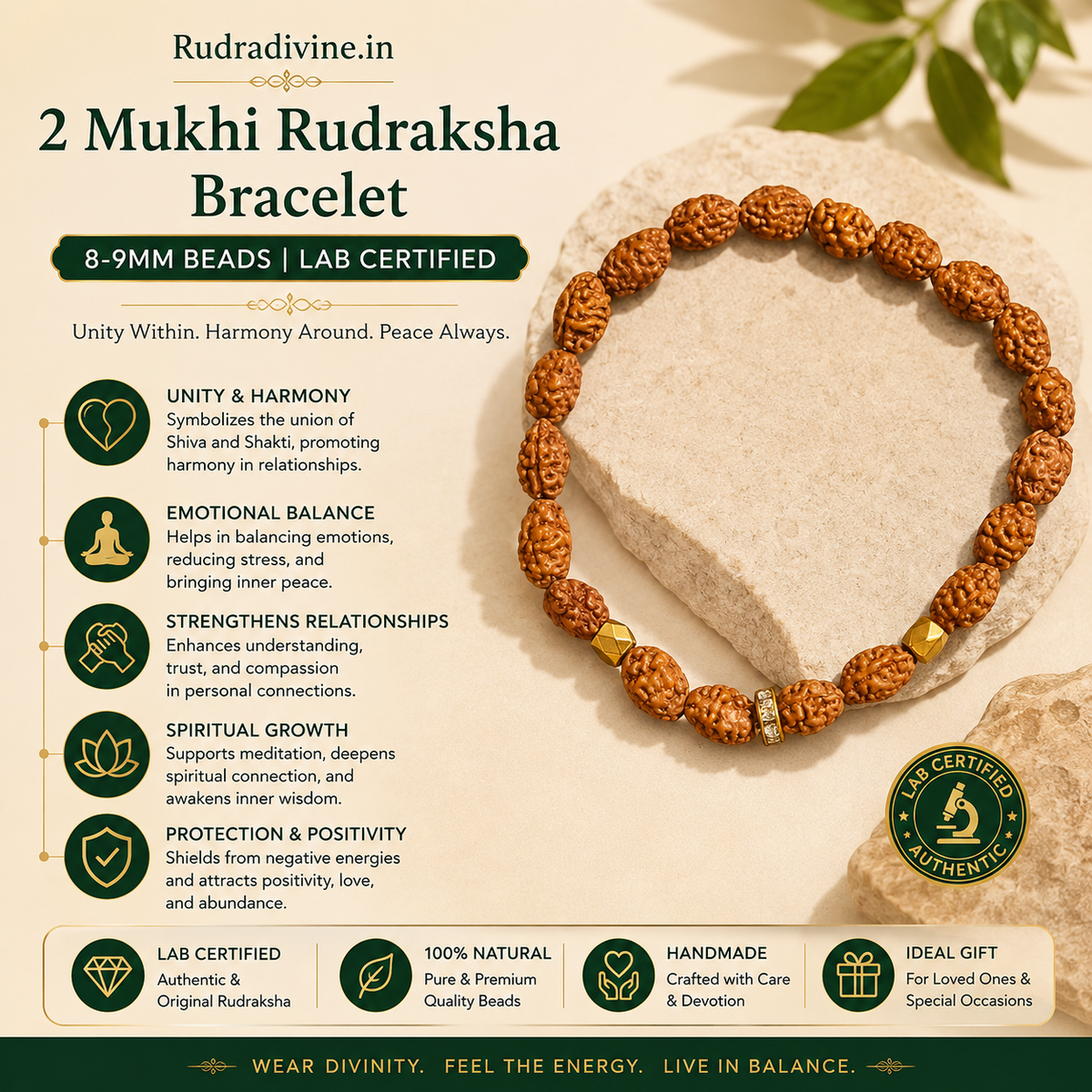 2 Mukhi Rudraksha Bracelet with natural 8-9MM beads and official Lab Certificate by Rudradivine, traditionally associated with harmony, balance and spiritual wellness.
