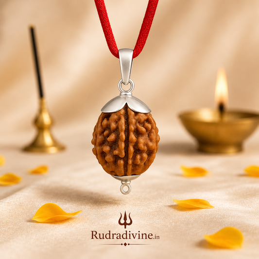 2 Mukhi Rudraksha Two Face Pendant crafted from natural authentic Rudraksha with official Lab Certificate by Rudra Divine for harmony, peace and Ardhanarishvara blessings.