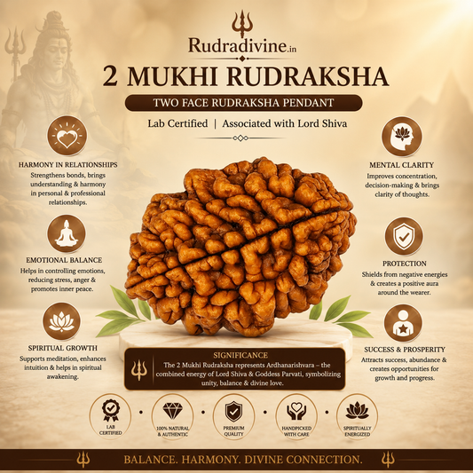 2 Mukhi Rudraksha Two Face Pendant crafted from natural authentic Rudraksha with official Lab Certificate by Rudra Divine for harmony, peace and Ardhanarishvara blessings.
