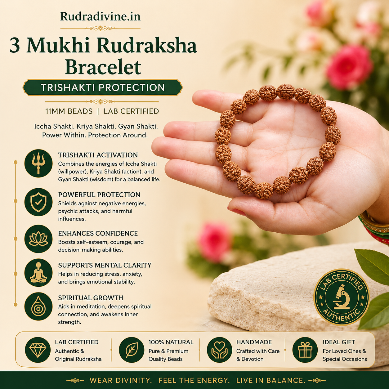 3 Mukhi Rudraksha Bracelet with 11MM natural Rudraksha beads and official Lab Certificate by Rudradivine, traditionally associated with courage, transformation, protection and spiritual growth.