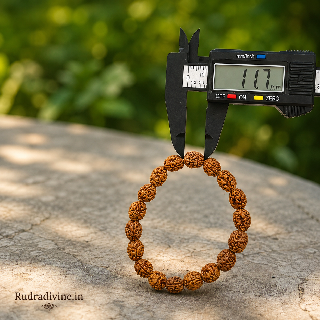 3 Mukhi Rudraksha Bracelet with 11MM natural Rudraksha beads and official Lab Certificate by Rudradivine, traditionally associated with courage, transformation, protection and spiritual growth.