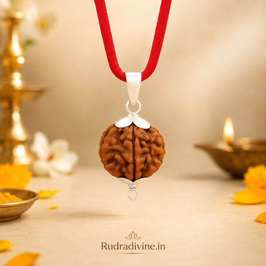 3 Mukhi Rudraksha Three Face Pendant crafted from natural authentic Rudraksha with official Lab Certificate by Rudradivine for Lord Agni blessings, confidence, positivity and spiritual growth.