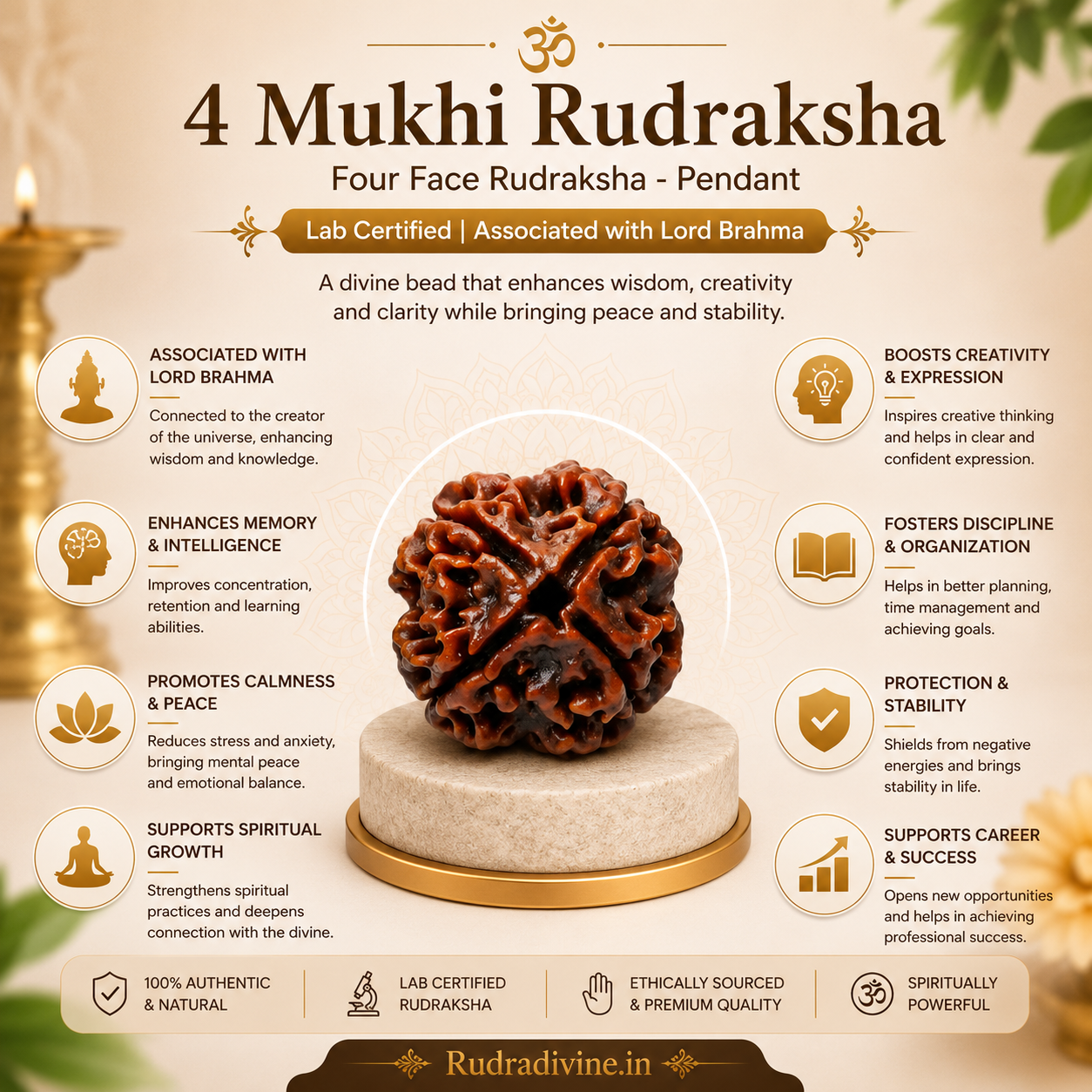 4 Mukhi (Four Face) Rudraksha Pendant featuring a natural Rudraksha bead, associated with Lord Brahma, with an official Lab Certificate by Rudradivine for wisdom, spiritual growth, and daily devotional wear.