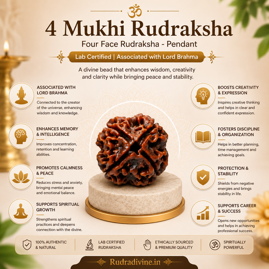 4 Mukhi (Four Face) Rudraksha Pendant featuring a natural Rudraksha bead, associated with Lord Brahma, with an official Lab Certificate by Rudradivine for wisdom, spiritual growth, and daily devotional wear.