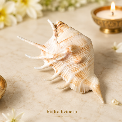 Original 5 Mukhi Lakshmi Shankh with official Lab Certificate by Rudradivine, sacred conch for Goddess Lakshmi worship, Vastu harmony, prosperity and daily spiritual rituals.